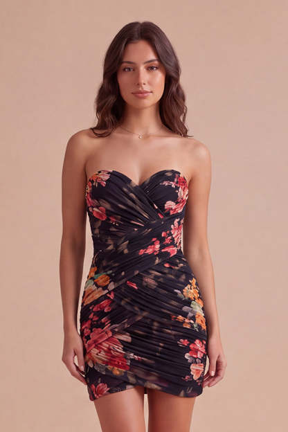 Leely Women Black Floral Short Homecoming Dress Bodycon Strapless Ruched Lace Up Cocktail Dress