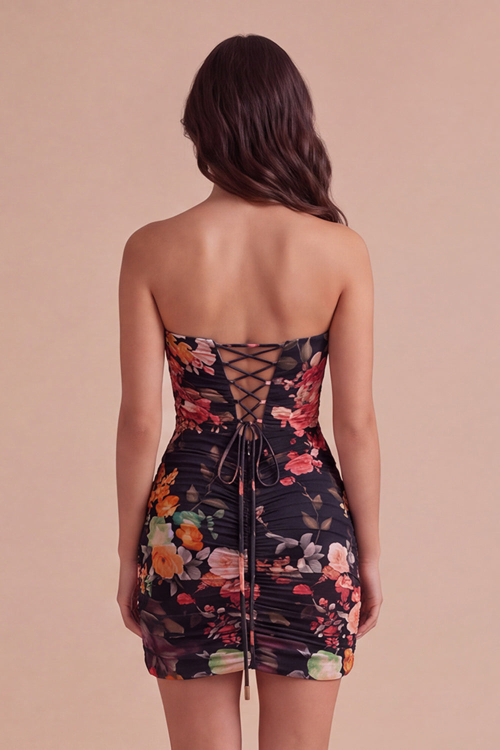 Black Strapless Floral Bodycon Ruched Short Lace Up Homecoming Dress