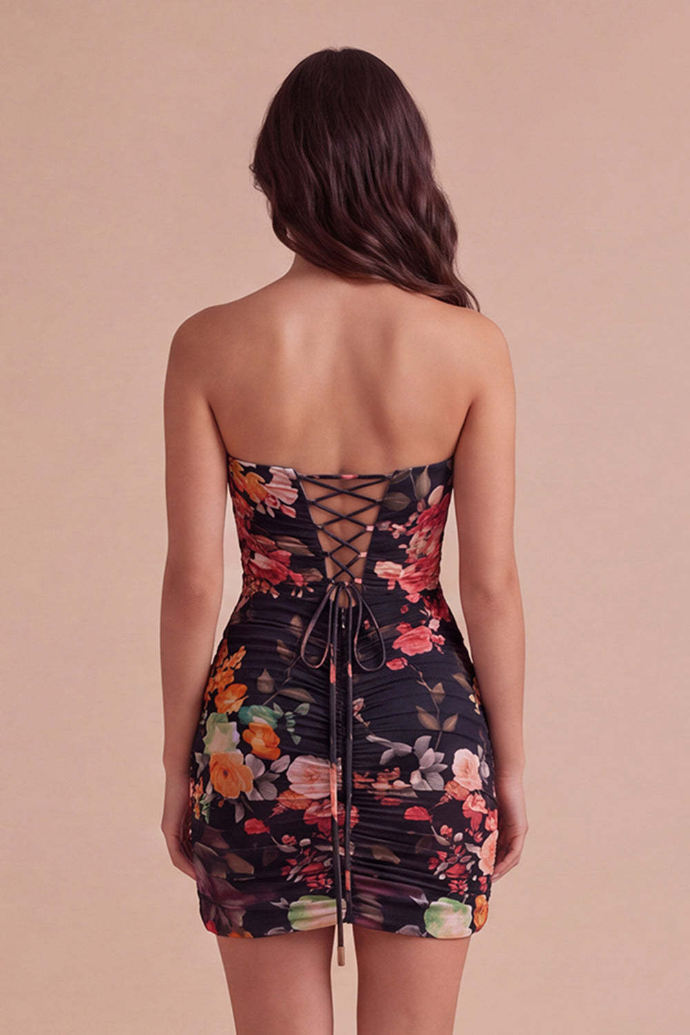 Black Strapless Floral Bodycon Ruched Short Lace Up Homecoming Dress