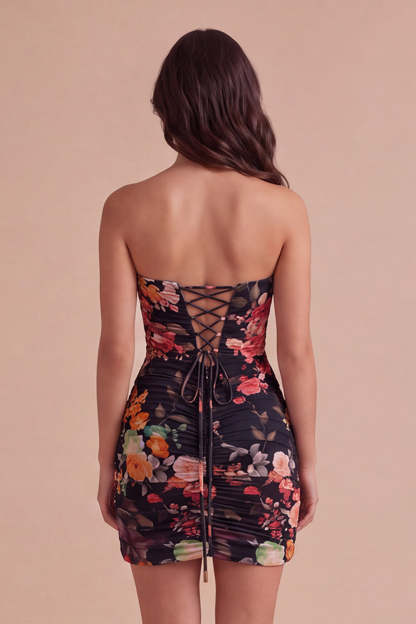 Black Strapless Floral Bodycon Ruched Short Lace Up Homecoming Dress