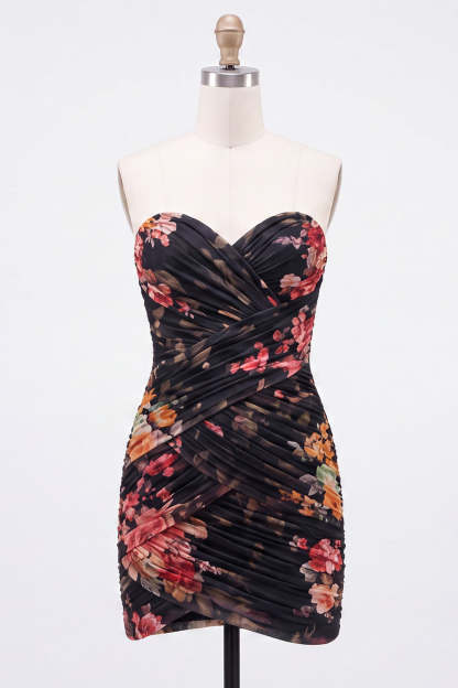 Black Strapless Floral Bodycon Ruched Short Lace Up Homecoming Dress