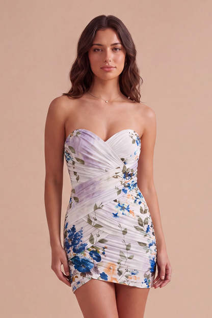 Black Strapless Floral Bodycon Ruched Short Lace Up Homecoming Dress