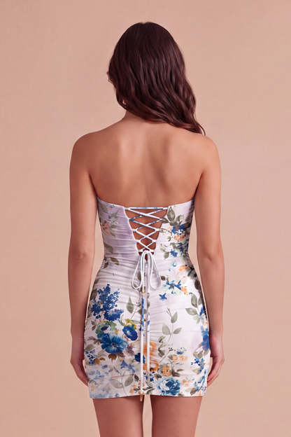 Black Strapless Floral Bodycon Ruched Short Lace Up Homecoming Dress