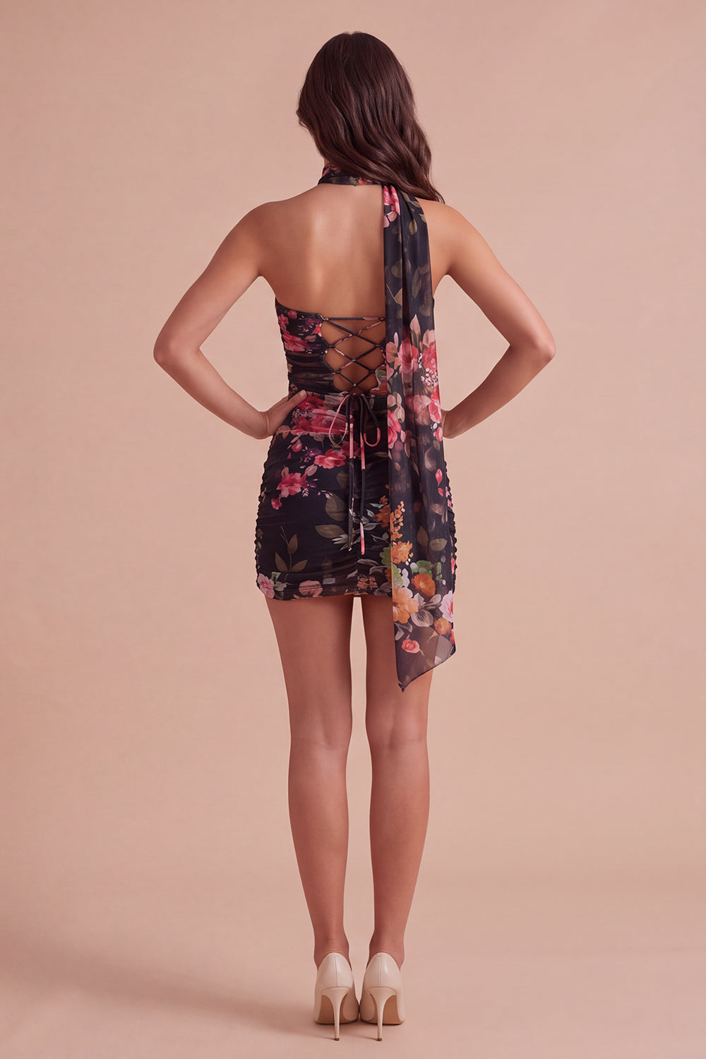 Ivory Floral Bodycon Strapless Short Homecoming Dress with Neck Scarf