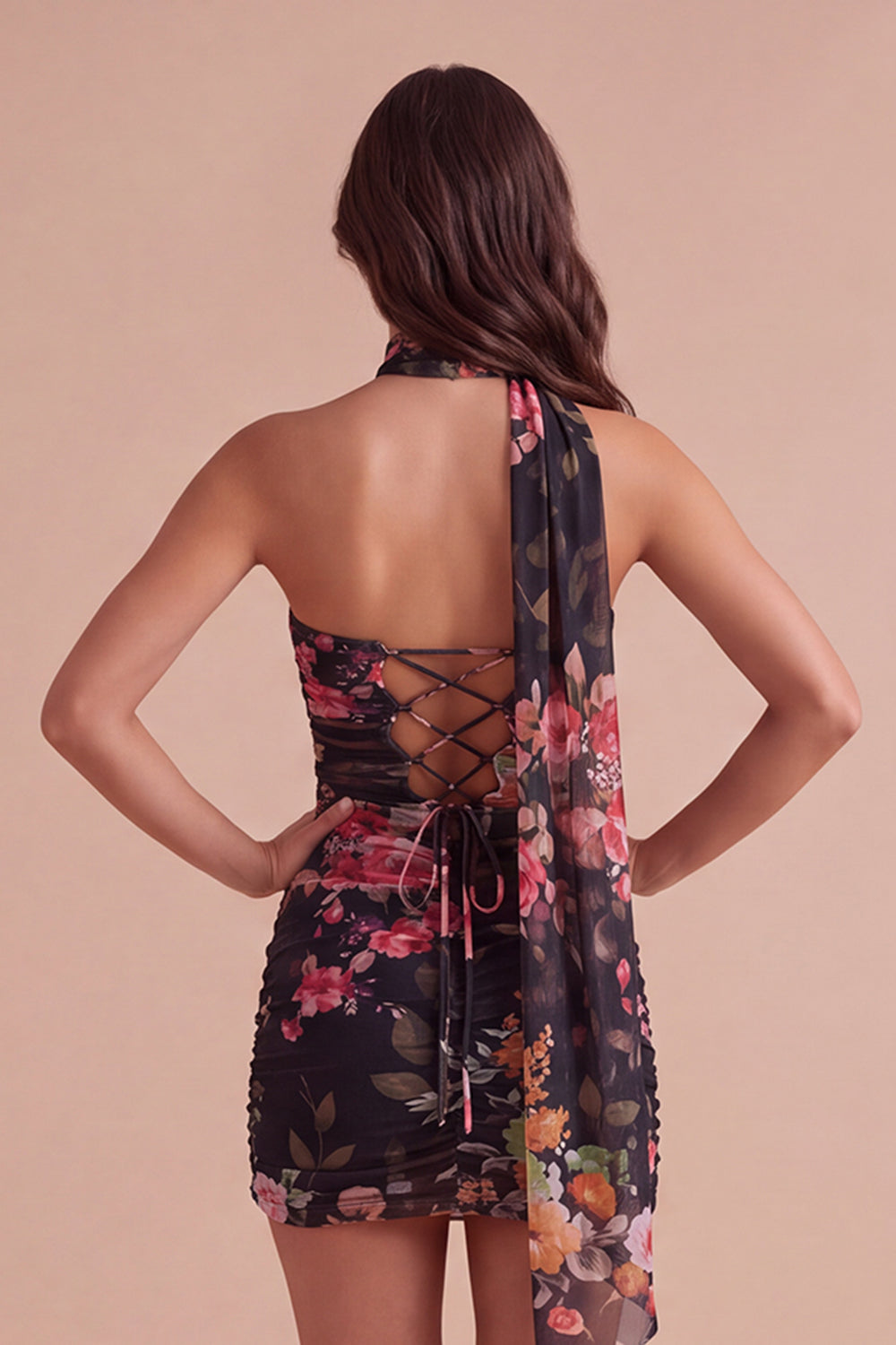 Ivory Floral Bodycon Strapless Short Homecoming Dress with Neck Scarf