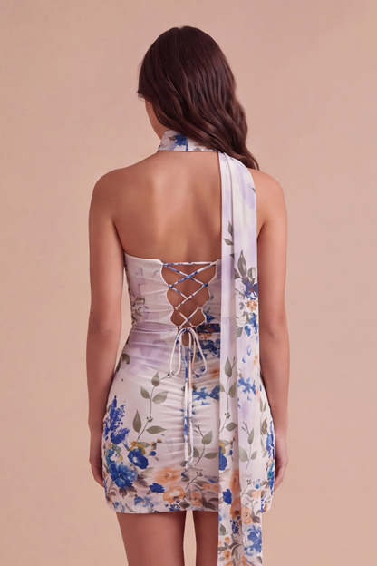 Ivory Floral Bodycon Strapless Short Homecoming Dress with Neck Scarf