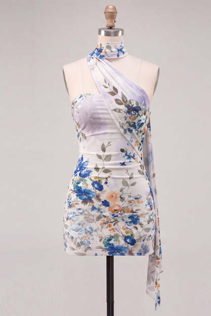 Ivory Floral Bodycon Strapless Short Homecoming Dress with Neck Scarf