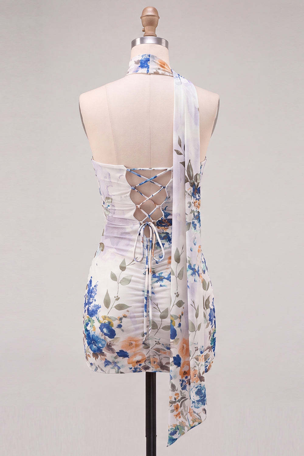 Ivory Floral Bodycon Strapless Short Homecoming Dress with Neck Scarf