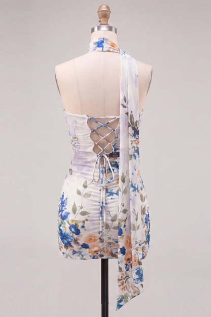 Ivory Floral Bodycon Strapless Short Homecoming Dress with Neck Scarf