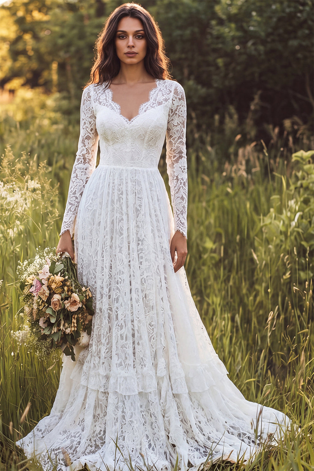 women's boho wedding dress Leely Women Ivory Ruffled Lace Sweep Train A-Line V-Neck Long Sleeves Bridal Dress Reclaimed Vintage real suede you will be shining Halloween Best Sellers 尺码:S Bohemian style