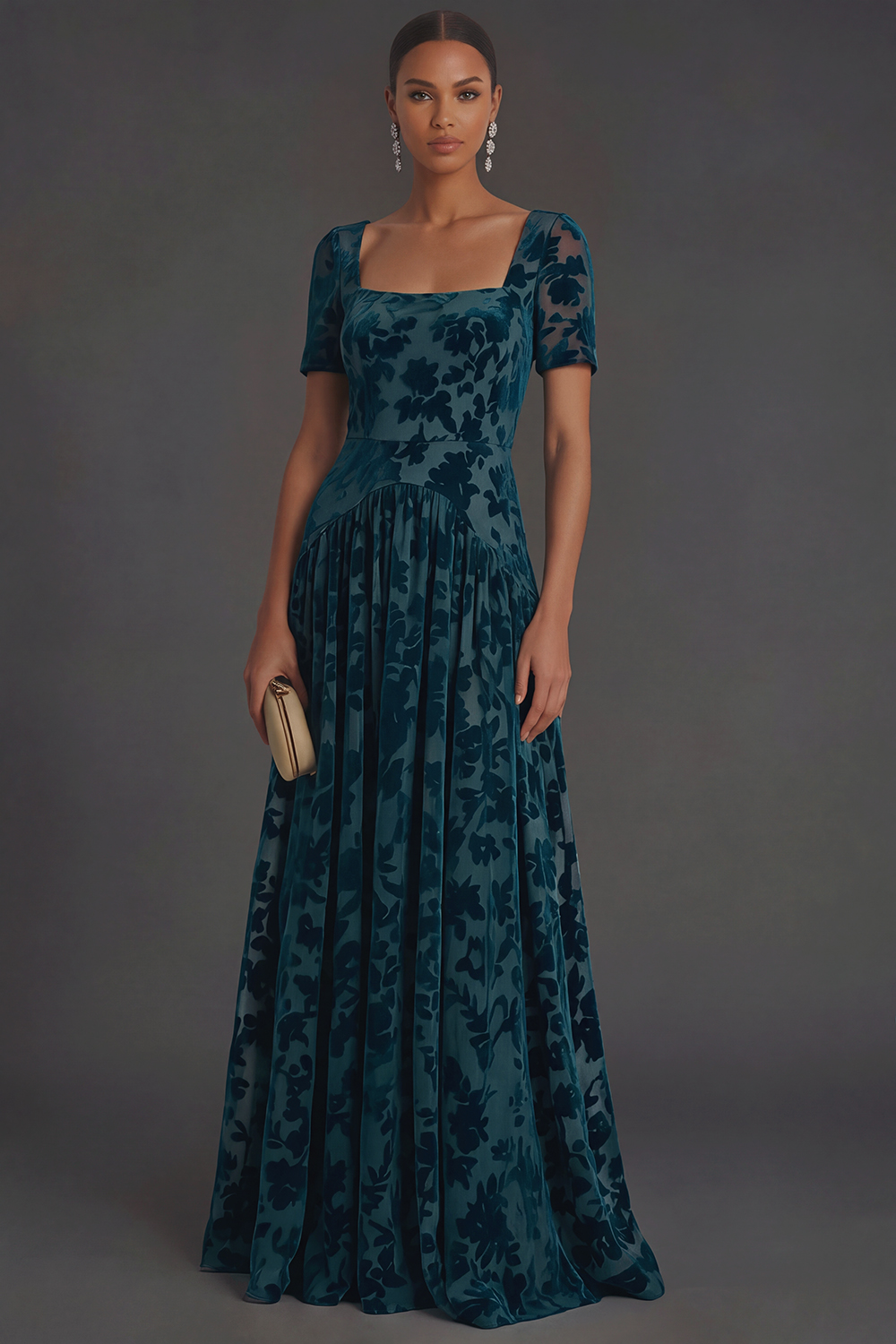 Leely Women Peacock Blue Floral Long Formal Dress with Sleeves Square Neck A-Line Wedding Guest Dress