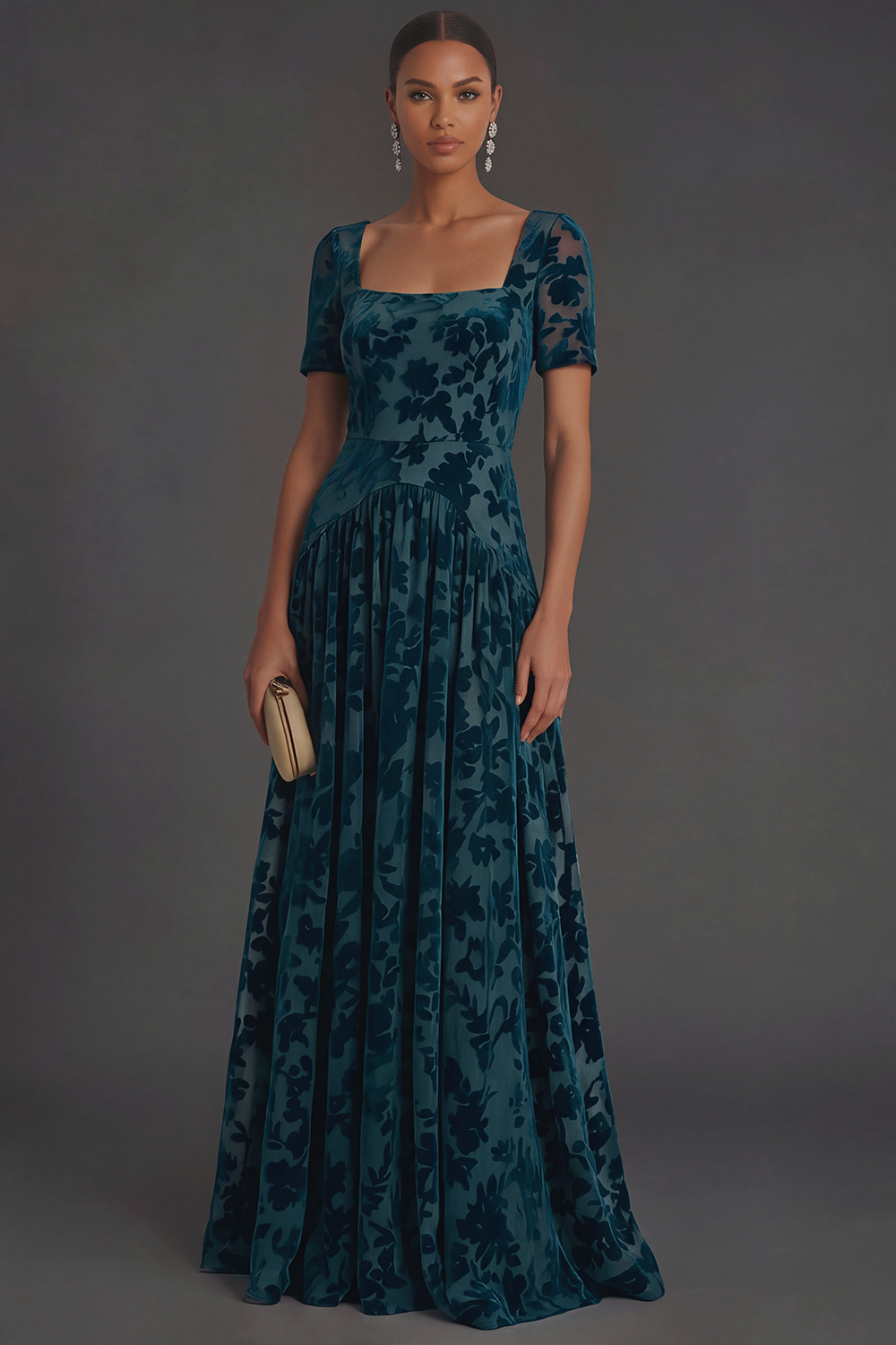 Leely Women Peacock Blue Floral Long Formal Dress with Sleeves Square Neck A-Line Wedding Guest Dress