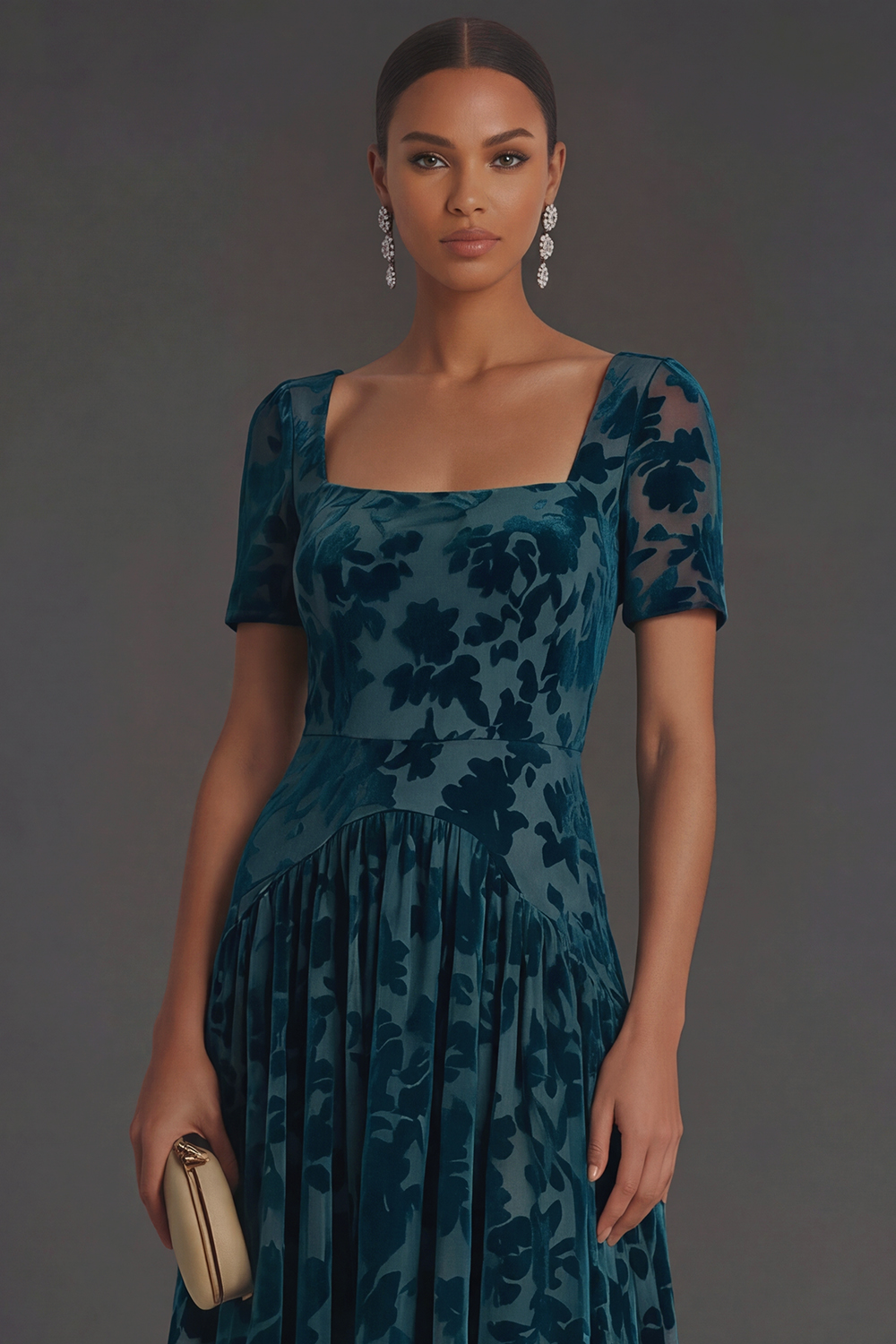 Floral Peacock Blue Square Neck A-Line Long Formal Dress with Sleeves