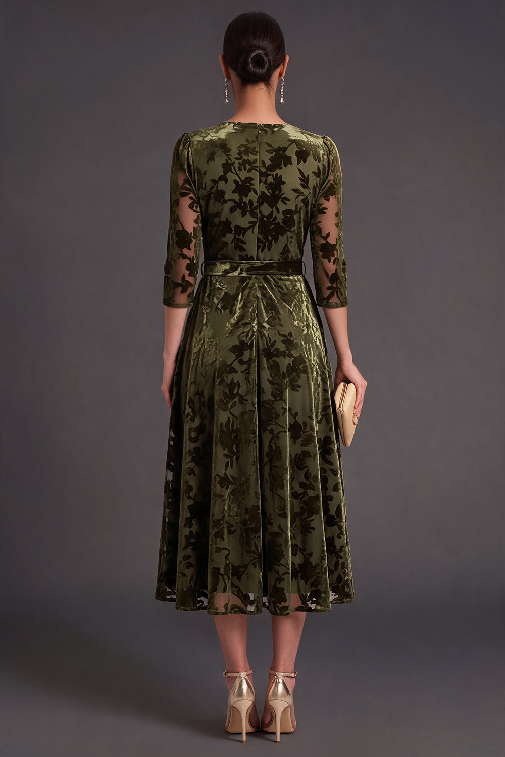 Olive Floral V-Neck A-Line Midi Formal Dress with Sleeves