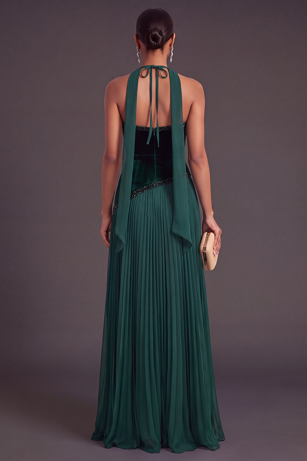 Sparkly Beaded Dark Green Pleated Long A-Line Wedding Guest Dress with Neck Scarf