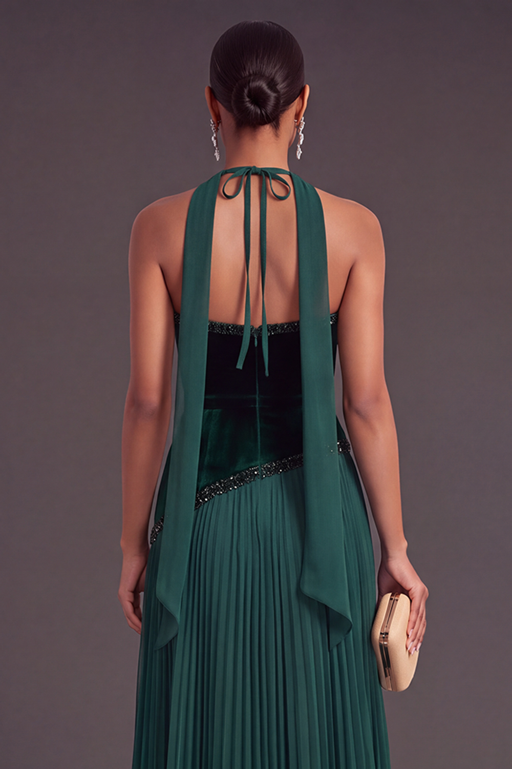 Sparkly Beaded Dark Green Pleated Long A-Line Wedding Guest Dress with Neck Scarf