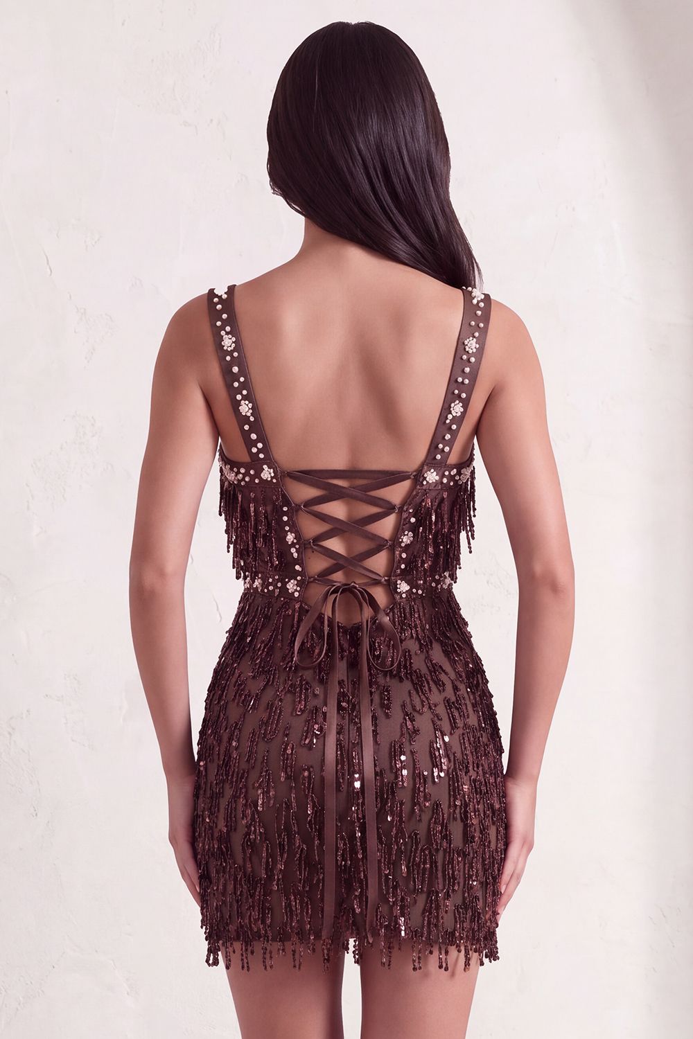 Sparkly Brown Bodycon Square Neck Fringed Short Homecoming Dress