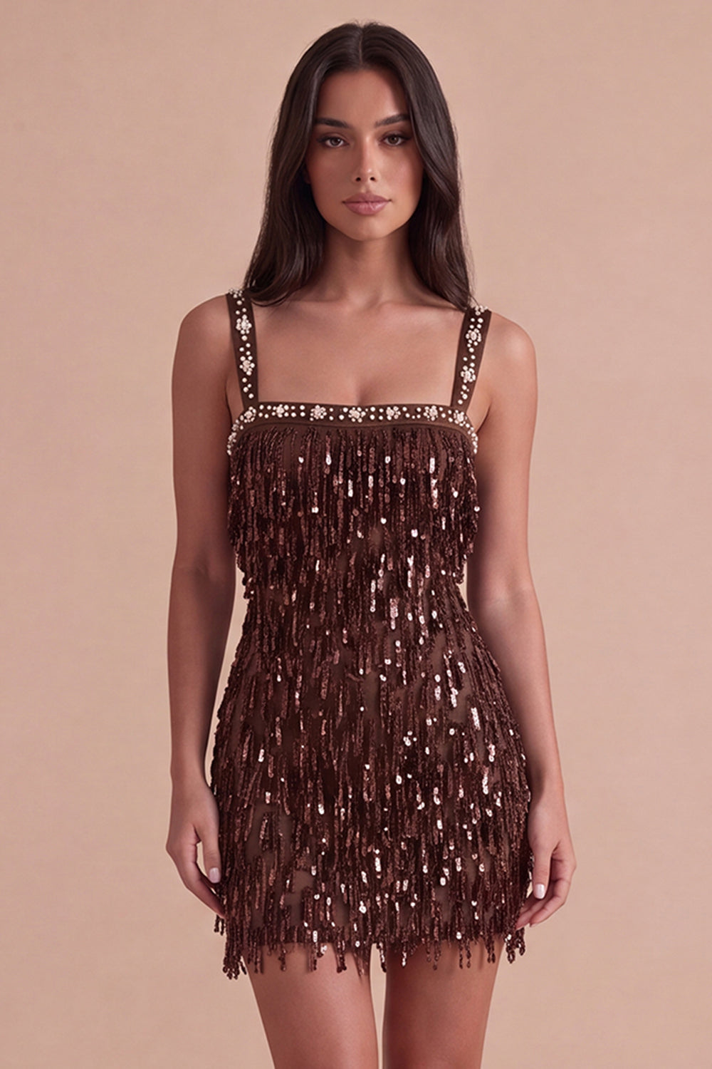 Leely Women Sparkly Brown Mini Homecoming Dress Bodycon Sequins Square Neck Cocktail Dress with Rhinestone
