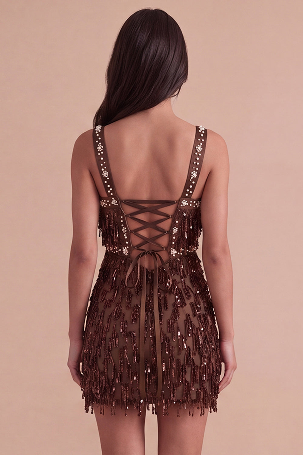 Sparkly Brown Bodycon Square Neck Fringed Short Homecoming Dress