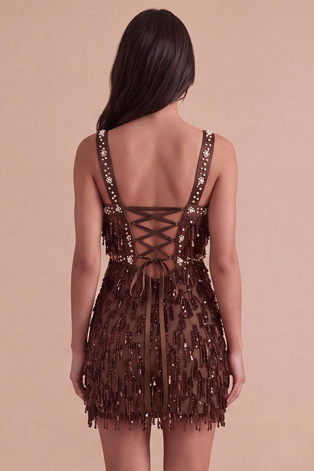 Sparkly Brown Bodycon Square Neck Fringed Short Homecoming Dress
