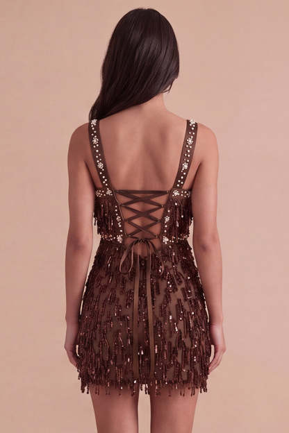 Sparkly Brown Bodycon Square Neck Fringed Short Homecoming Dress