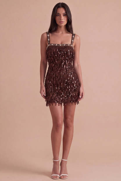 Sparkly Brown Bodycon Square Neck Fringed Short Homecoming Dress