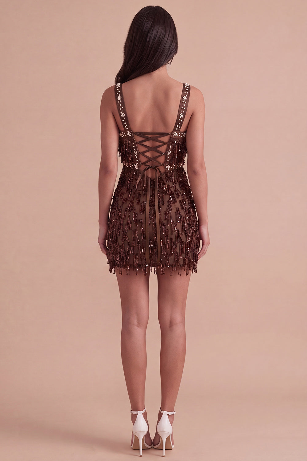 Sparkly Brown Bodycon Square Neck Fringed Short Homecoming Dress