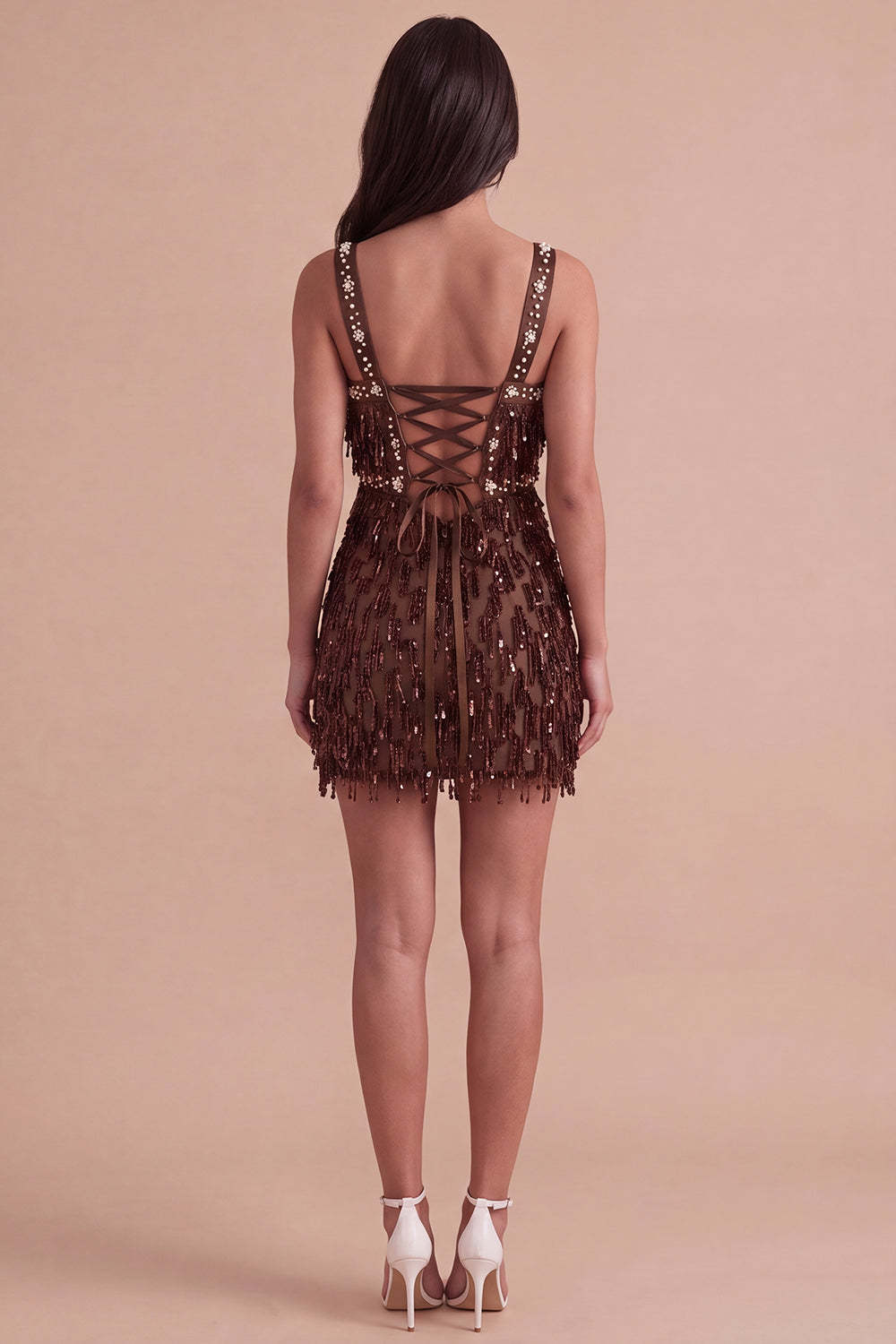 Sparkly Brown Bodycon Square Neck Fringed Short Homecoming Dress