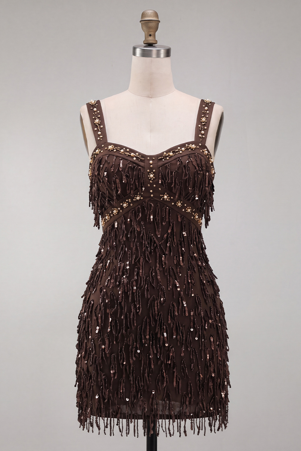Sparkly Brown Bodycon Square Neck Fringed Short Homecoming Dress