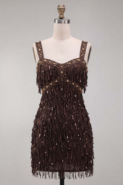 Sparkly Brown Bodycon Square Neck Fringed Short Homecoming Dress