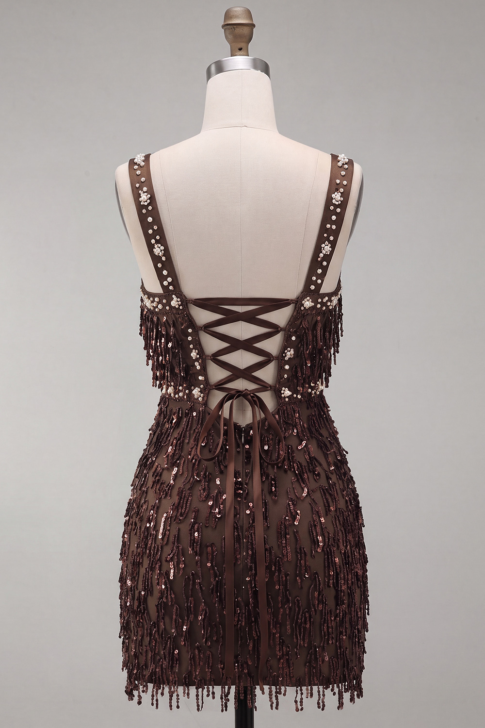 Sparkly Brown Bodycon Square Neck Fringed Short Homecoming Dress