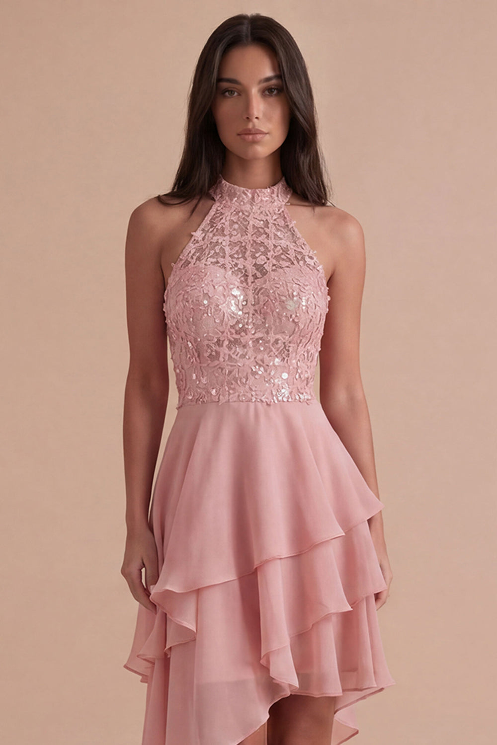 Sparkly Sky Blue A Line High Neck Ruffled Short Homecoming Dress