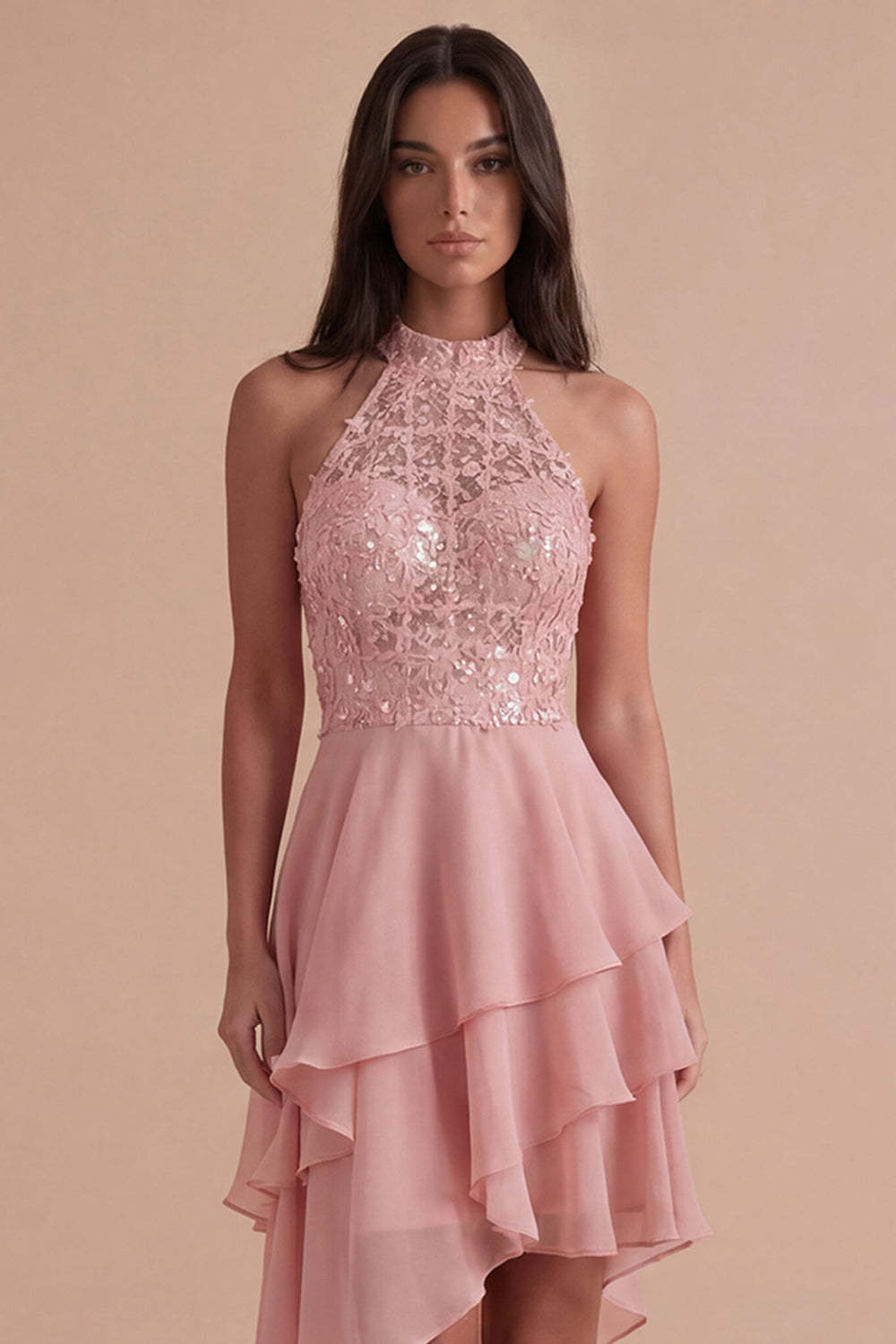 Sparkly Sky Blue A Line High Neck Ruffled Short Homecoming Dress