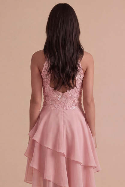 Sparkly Sky Blue A Line High Neck Ruffled Short Homecoming Dress