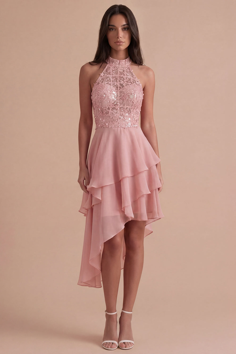Sparkly Sky Blue A Line High Neck Ruffled Short Homecoming Dress