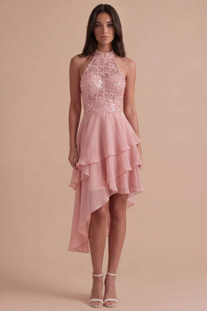 Sparkly Sky Blue A Line High Neck Ruffled Short Homecoming Dress