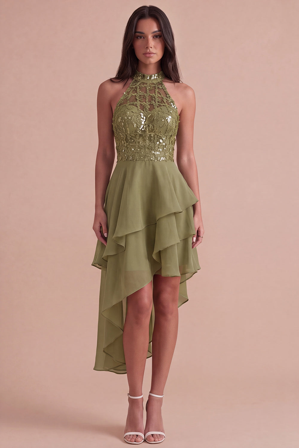 Sparkly Sky Blue A Line High Neck Ruffled Short Homecoming Dress