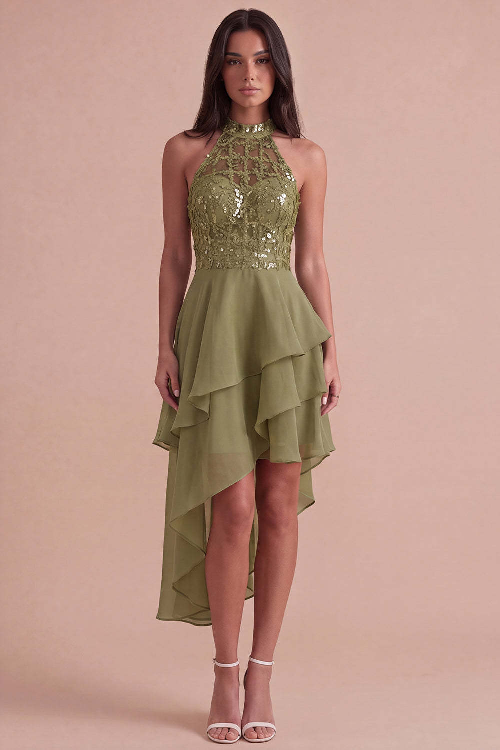 Sparkly Sky Blue A Line High Neck Ruffled Short Homecoming Dress