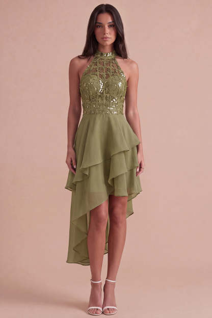 Sparkly Sky Blue A Line High Neck Ruffled Short Homecoming Dress