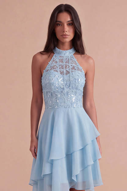 Sparkly Sky Blue A Line High Neck Ruffled Short Homecoming Dress