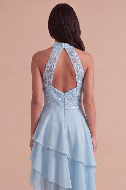 Sparkly Sky Blue A Line High Neck Ruffled Short Homecoming Dress