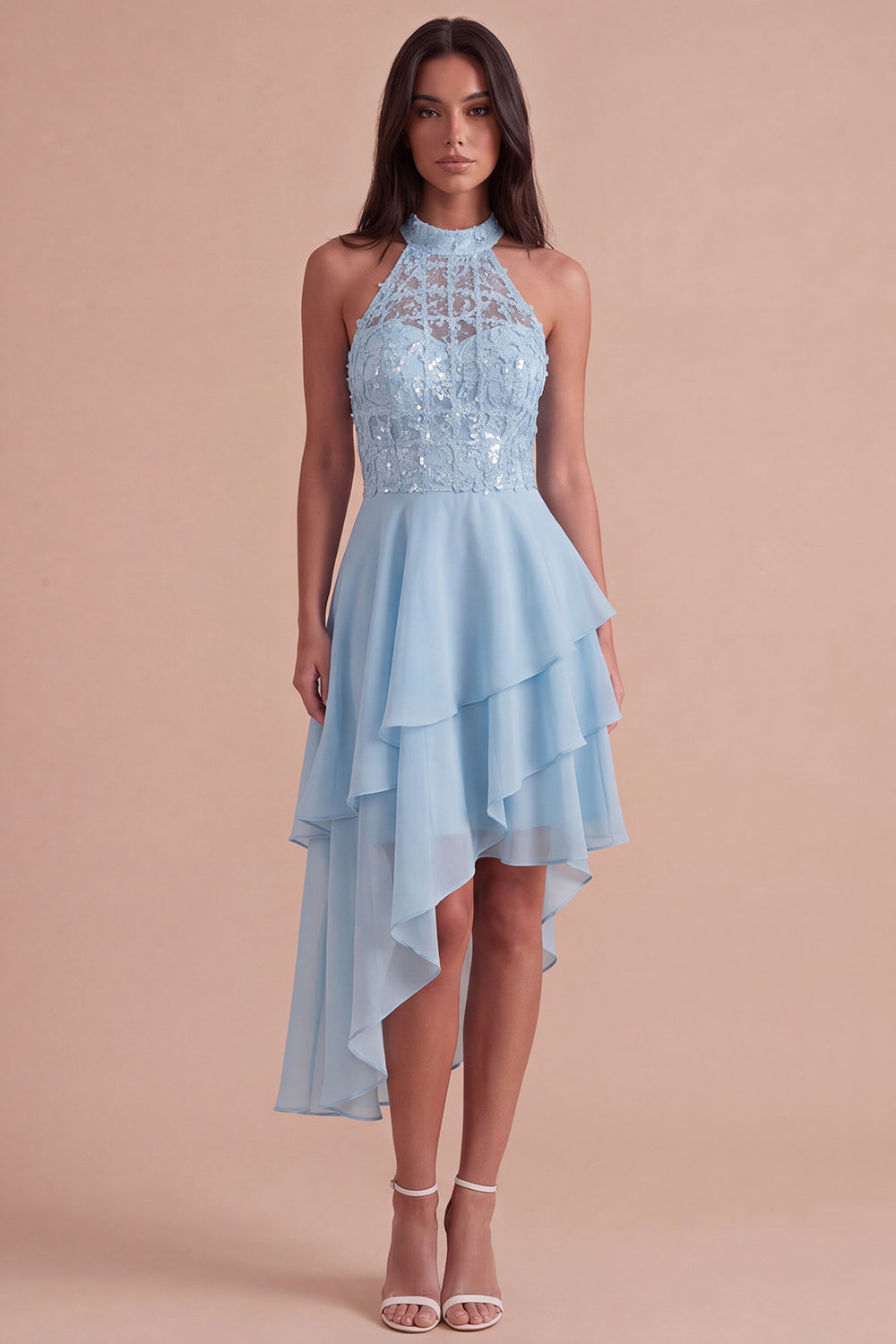 Sparkly Sky Blue A Line High Neck Ruffled Short Homecoming Dress