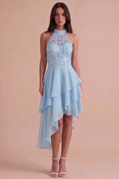 Sparkly Sky Blue A Line High Neck Ruffled Short Homecoming Dress