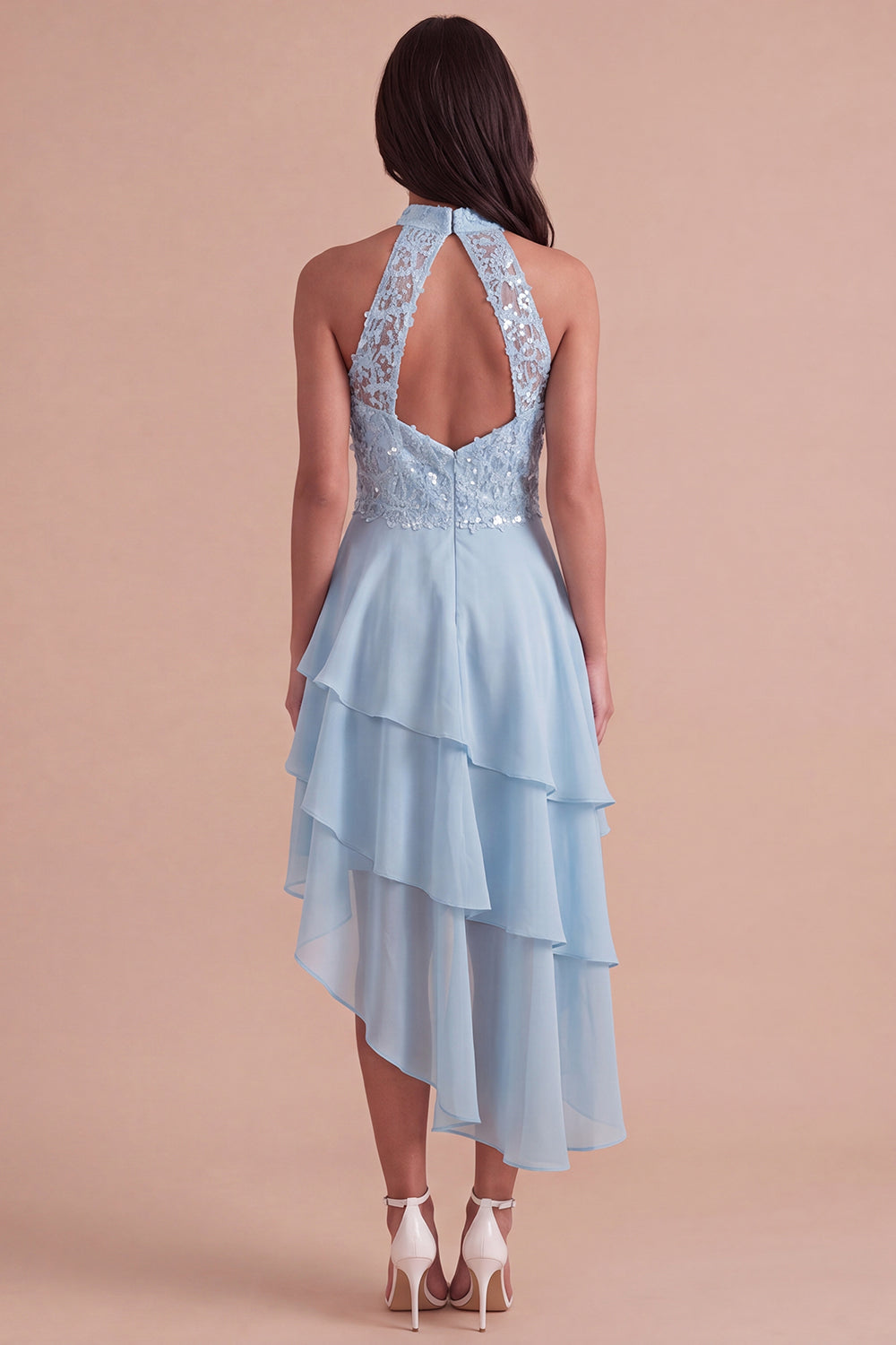Sparkly Sky Blue A Line High Neck Ruffled Short Homecoming Dress