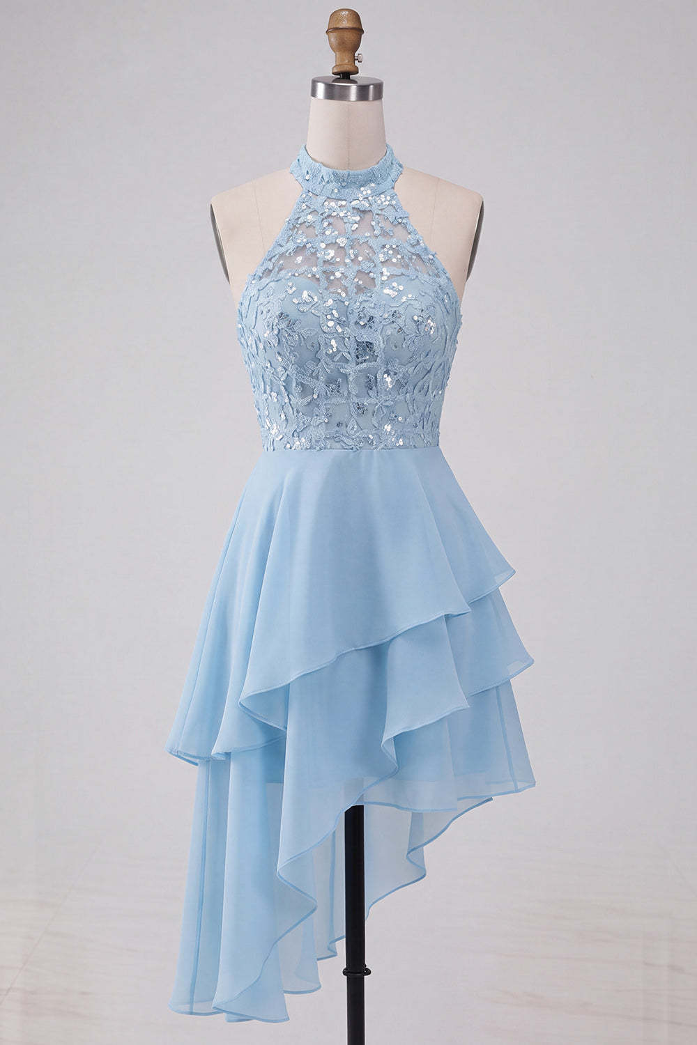 Sparkly Sky Blue A Line High Neck Ruffled Short Homecoming Dress