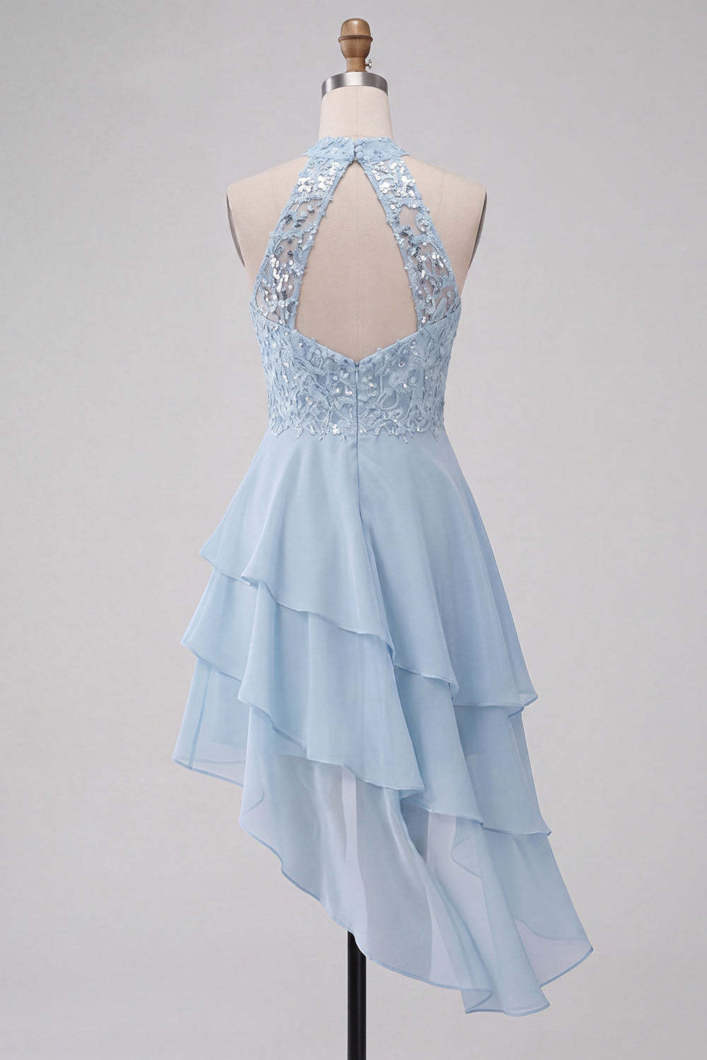 Sparkly Sky Blue A Line High Neck Ruffled Short Homecoming Dress