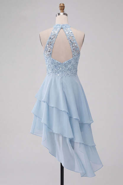 Sparkly Sky Blue A Line High Neck Ruffled Short Homecoming Dress
