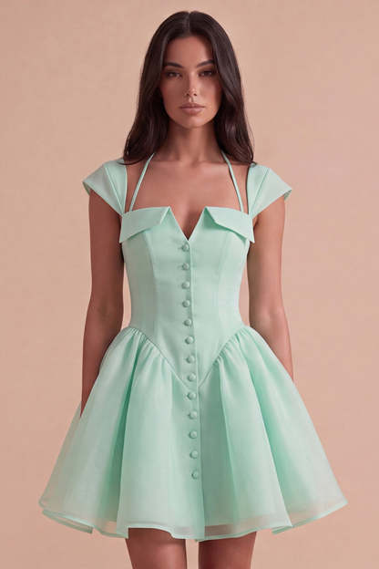 Leely Women Mint Green A Line High Waist Short Homecoming Dress Cap Sleeves Halter Cocktail Dress with Buttons