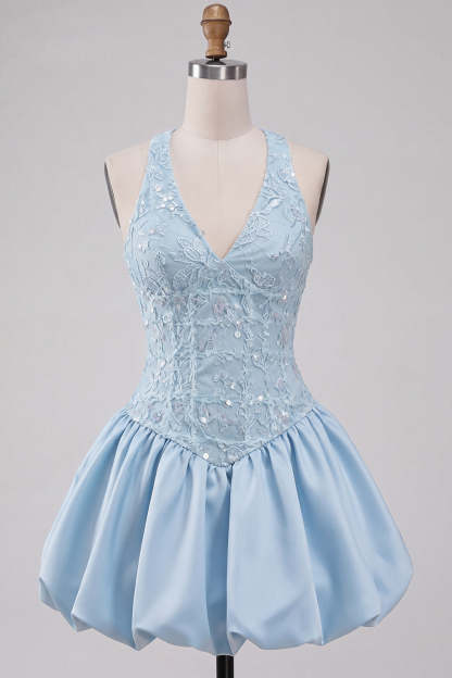 Sky Blue Sparkly Halter Neck Sequined Mini Homecoming Dress