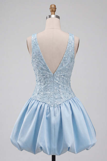 Sky Blue Sparkly Halter Neck Sequined Mini Homecoming Dress